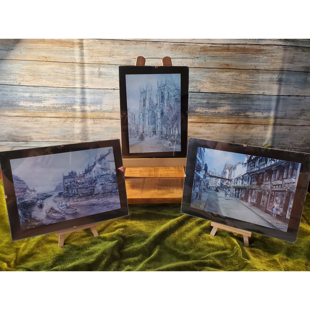 Pat Bell Watercolor Art Prints Set of 3 English Village Church Harbour Scenes